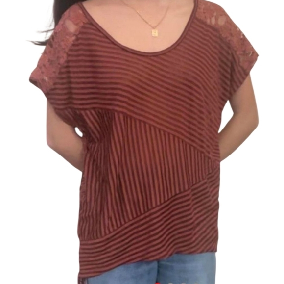 FREE PEOPLE high low mauve rust Striped floral Lace short Sleeve Top blouse Sma - Picture 1 of 6